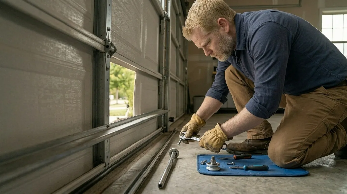 Garage door technician repairing an older residential garage door in Saginaw Michigan