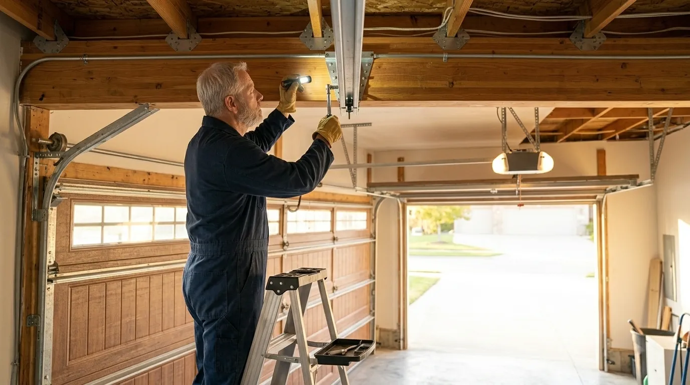 Garage door technician inspecting springs rollers tracks and opener in Saginaw Michigan